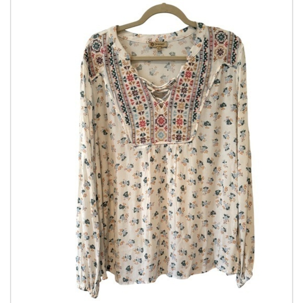 Democracy Bohemian Floral Aztec Oversized Multicolor Tie Neck Tunic Top Size L - Picture 1 of 15